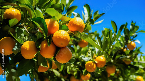 Ripe tangerines on a tree branch. Blue sky on the background. Citrus background. Generative Ai