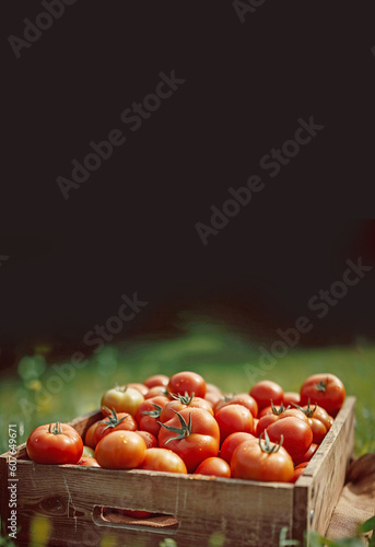 Fresh red tomatoes in wooden box close up. Local farmers market or supermarket. Green grocery store. Agriculture