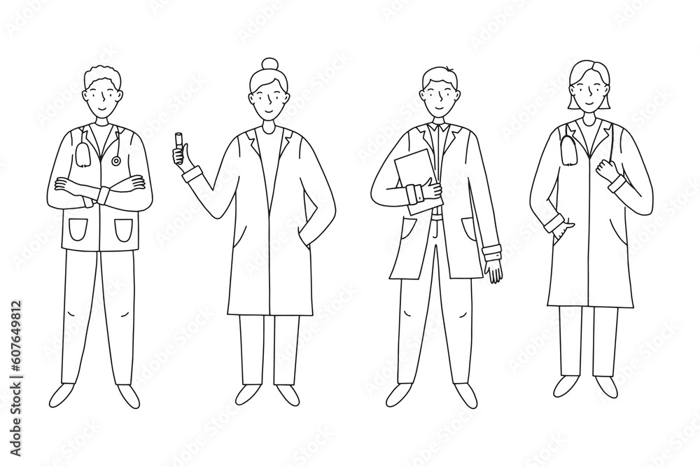 Medical doctor doodle line character set. Doctor team. Medical staff doctor and nurse group. Vector illustration isolated. Medical doctor doodle line character set. Doctor team. Medical staff doctor and nurse group. Vector illustration isolated.