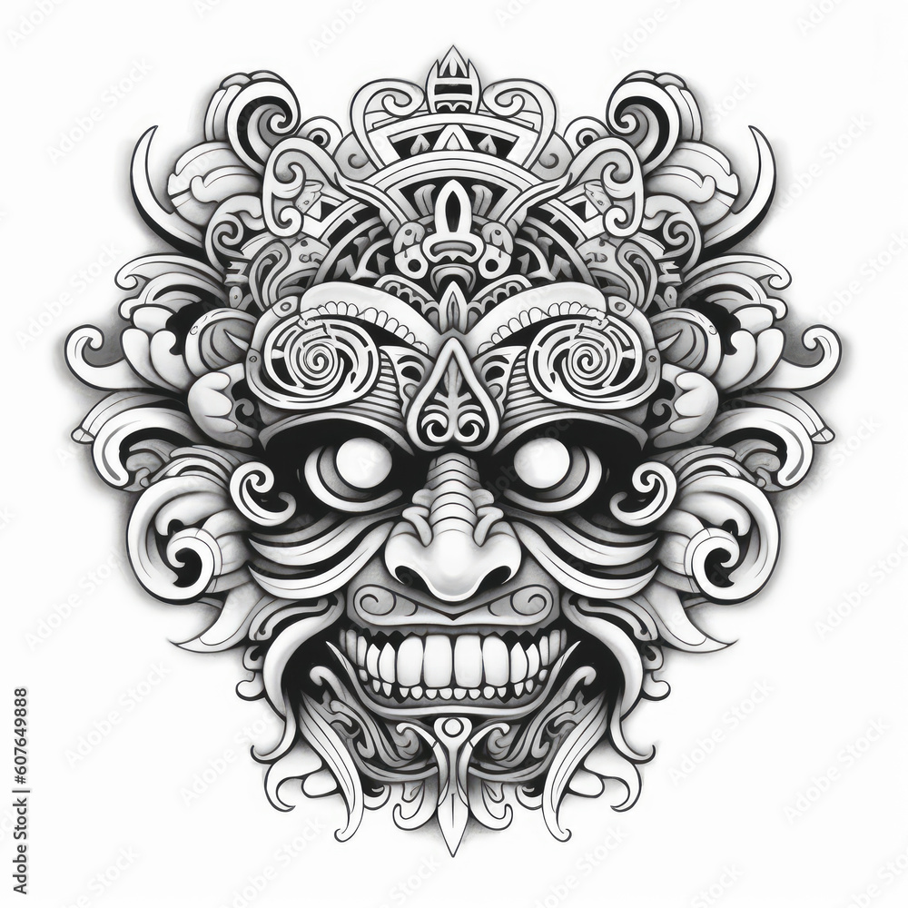 Black and white drawing of a Balinese Mask isolated on white. Tattoo idea for an ornamental mask in the style of Barong. Black and white drawing of a Balinese Mask isolated on white. Tattoo idea for an ornamental mask in the style of Barong.