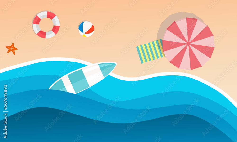 Top view beach Summer background, Vector cartoon style background of sea shore. Good sunny day.