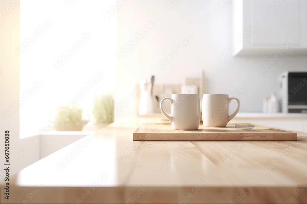 A wooden table and blurred kitchen background near the window with cups. (Generative AI) A wooden table and blurred kitchen background near the window with cups. (Generative AI)