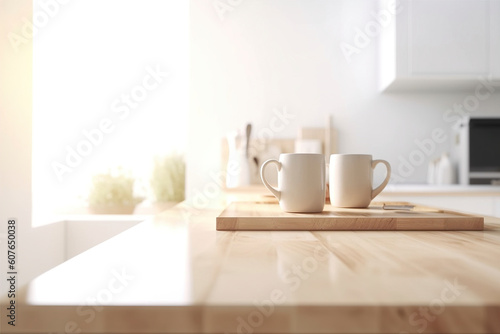 A wooden table and blurred kitchen background near the window with cups. (Generative AI)