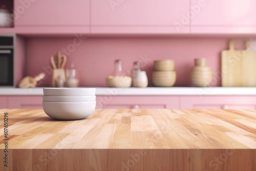 A wooden table with plates and a pink-colored kitchen wall with a blurred background.  Generative AI 