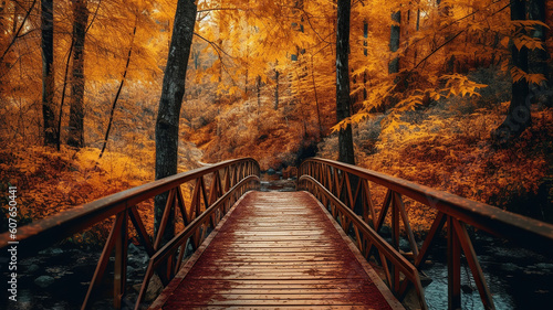 a bridge in a forest with fallen leaves. Generative Ai