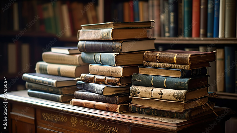 A stack of old books on table against background of bookshelf in library. Generative Ai A stack of old books on table against background of bookshelf in library. Generative Ai