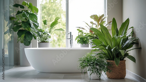 Modern white tub and beautiful green houseplants in bathroom. Generative Ai © vectorizer88