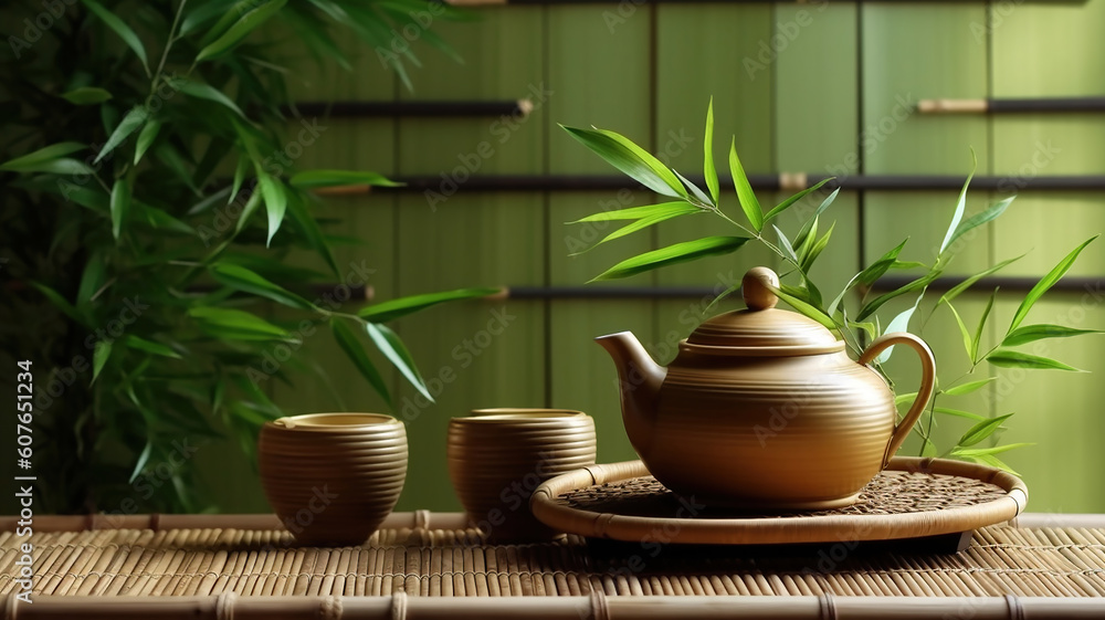 Teapot and cups on table with bamboo leaves. Generative Ai Teapot and cups on table with bamboo leaves. Generative Ai