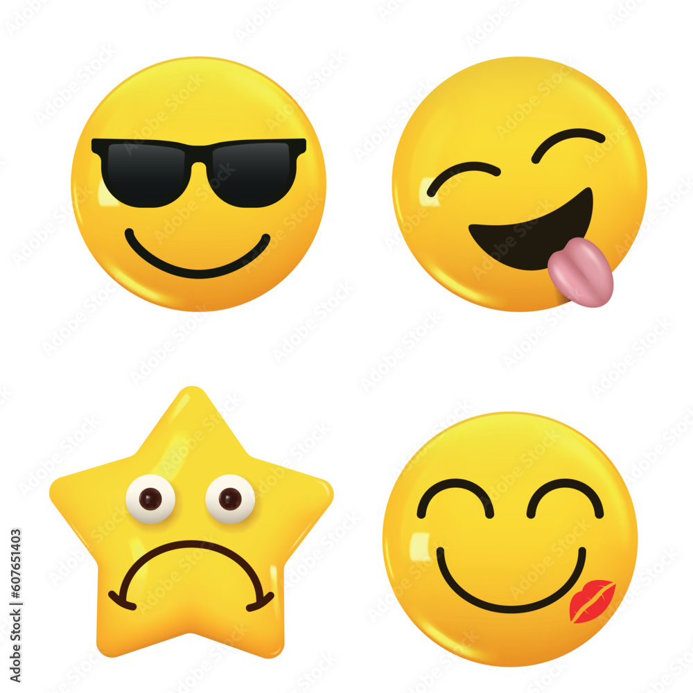 Fototapeta premium Set of 3d icon yellow color smile emoji. Set Icon Smile Emoji. Vector