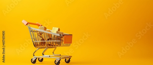 Shopping cart full of Gifts on yellow background, sale banner, black Friday sale, Cyber Monday sale, Generative Ai