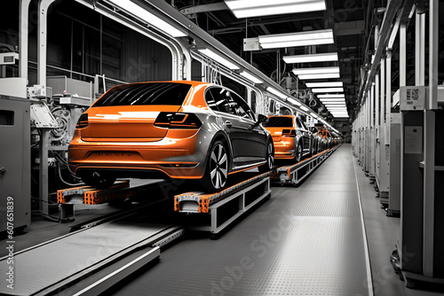Car Factory Automated Conveyor Robot Assembly Line. Generative AI