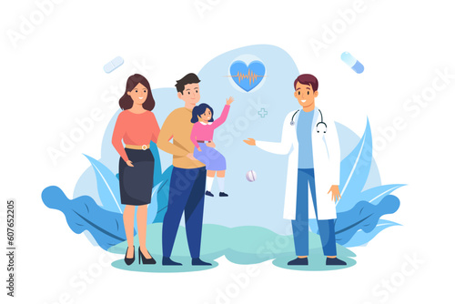 Health care and life insurance concept. Doctor and family people medical exam. Vector illustration