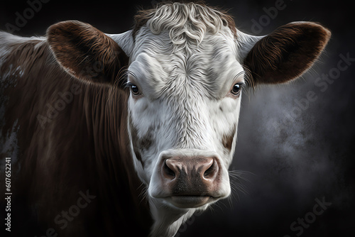 Cow portrait on black backround. Cow on dark backround. Generative AI