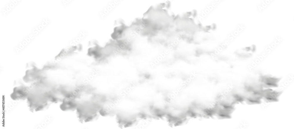 Dense cloud vector isolated on a dark background. Realistic fog or smoke vector for storm or sunny weather design. Cloudy sky or smog environmental design on a transparent background for templates.