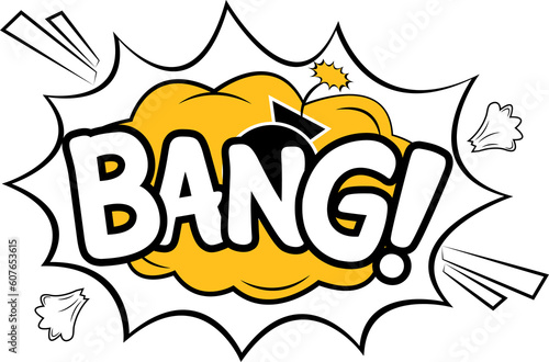 Bang comic explosion. Comic blast vector with yellow bubble. Cartoon burst with white wordings and a bomb. Funny explosion bubbles for cartoons with white and yellow colors. Comics bang text effect.