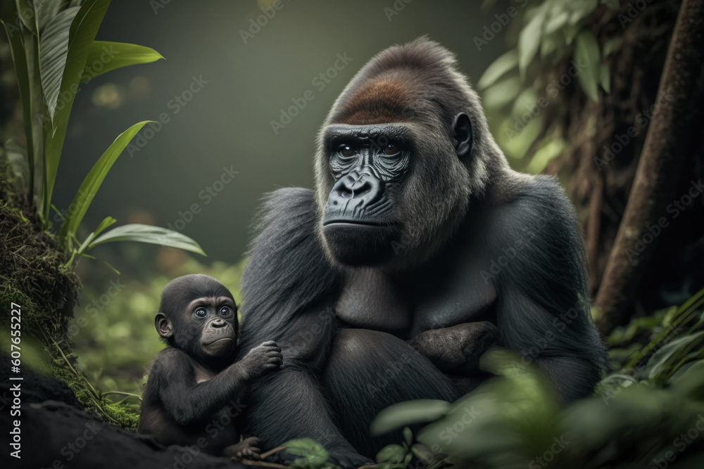 Naklejka premium Gorilla with cub in natural habitat. Generative AI