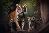 Tiger with cub in natural habitat. Generative AI