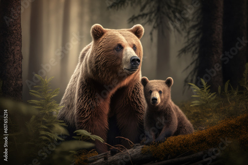 Bear with cub in natural habitat. Generative AI © Uliana