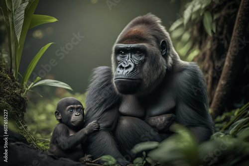 Gorilla with cub in natural habitat. Generative AI