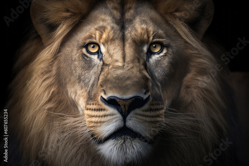 Lion portrait on dark background. AI Generative © Uliana