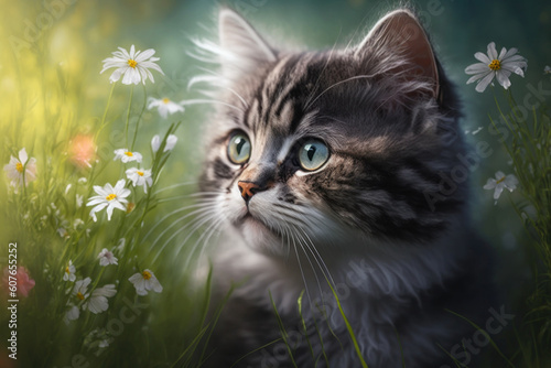 Baby cat in spring green grass with flowers. Generative AI