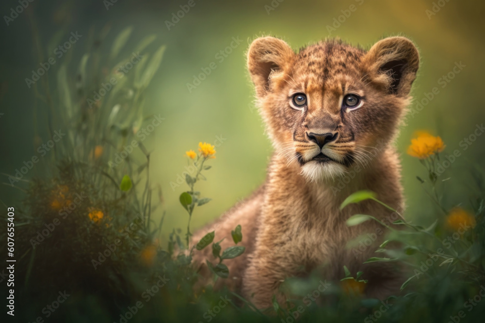 Obraz premium Baby lion in spring green grass with flowers. Generative AI