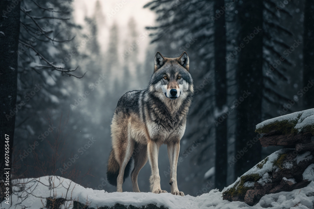 Fototapeta premium Close wild Wolf in nature habitat. Generative AI