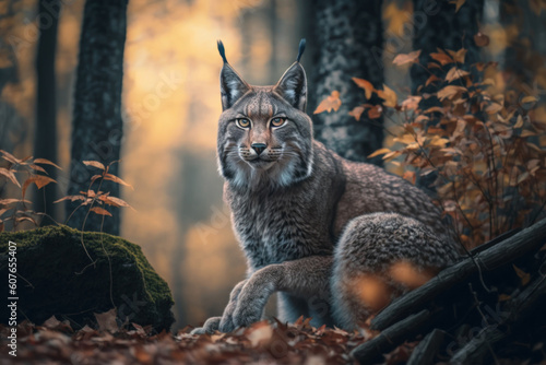 Close wild lynx in nature habitat. Generative AI © Uliana