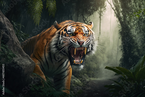 Angry Tiger portrait on jungle background, Generative AI