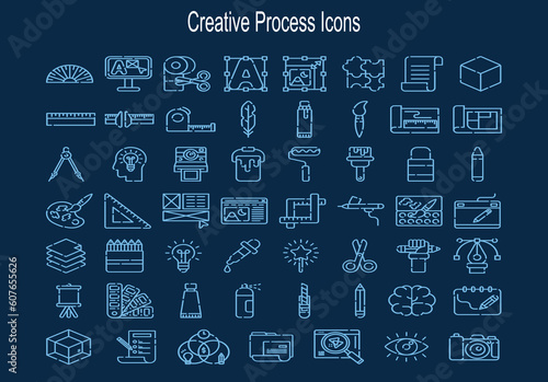 Web Set of creative process Vector Thin Line Icons. Contains such Icons as Healthy Lifestyle, Weight Training, Body care and more. Outline icons collection. Simple vector illustration.