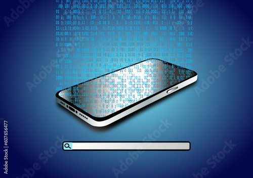 3D mobile phone with 0 and 1 text flying out and a search bar below, on a dark blue background, symbolizing asking for help from ai, vector illustration