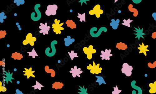 seamless pattern of abstract cloud and flower shapes sticker pack. Groovy funky flower, bubble, star, loop, waves in trendy retro 90s 00s cartoon style. Vector illustration with wavy and spiral elemen