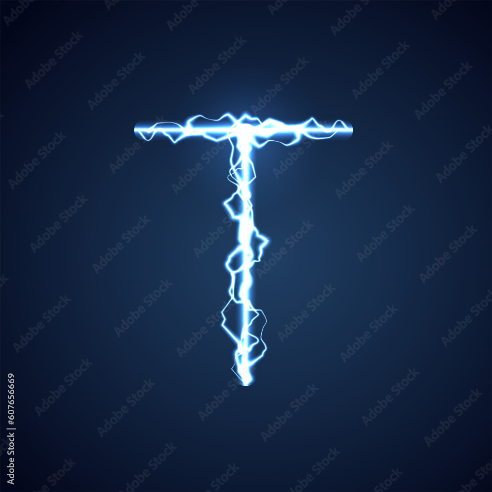 Blue lightning style letter or alphabet T. lightning and thunder bolt or electric font, glow and sparkle effect on blue background. vector design.