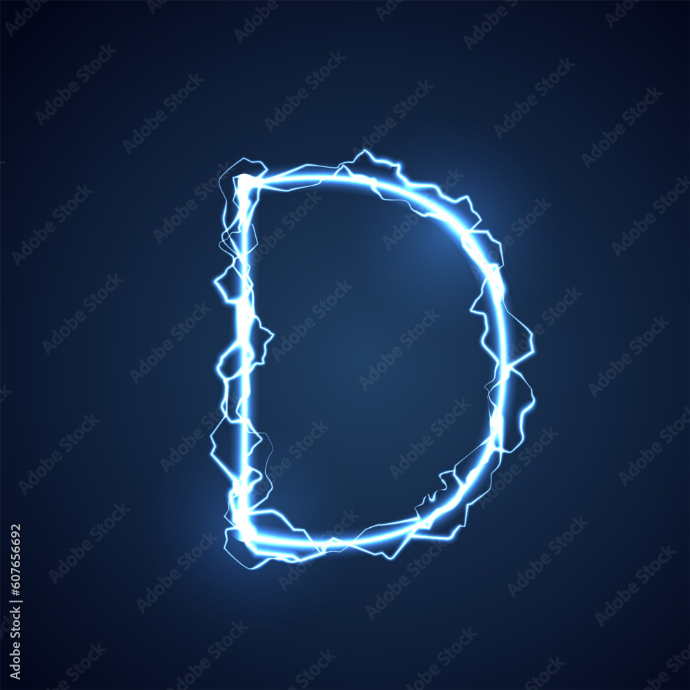 Blue lightning style letter or alphabet D. lightning and thunder bolt or electric font, glow and sparkle effect on blue background. vector design.