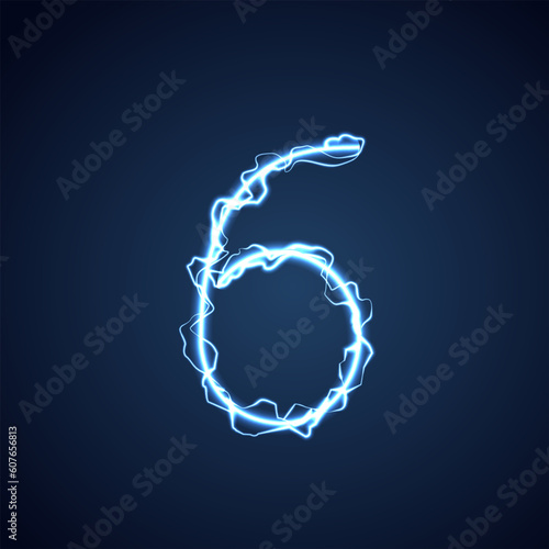 Blue lightning style letter or alphabet 6. lightning and thunder bolt or electric font, glow and sparkle effect on blue background. vector design.