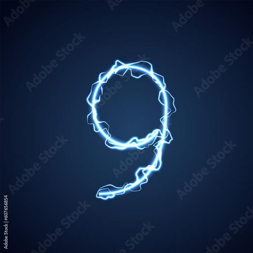 Blue lightning style letter or alphabet 9. lightning and thunder bolt or electric font, glow and sparkle effect on blue background. vector design.