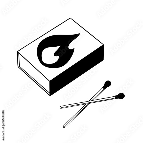 Box of Matches. Wooden sticks in closed box. Packed matches. Outline vector doodles.