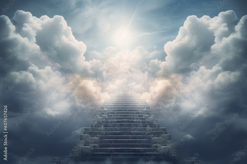Stairs to heaven surrounded by clouds and a bright sun. Christian motif for life after death.