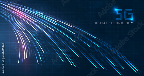 Blue light streak, fiber optic, speed line, futuristic background for 5g or 6g technology wireless data transmission, high-speed internet in abstract. internet network concept. vector design.