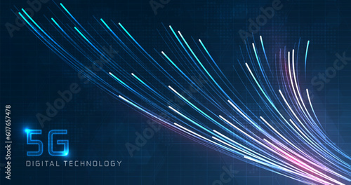 Blue light streak, fiber optic, speed line, futuristic background for 5g or 6g technology wireless data transmission, high-speed internet in abstract. internet network concept. vector design.