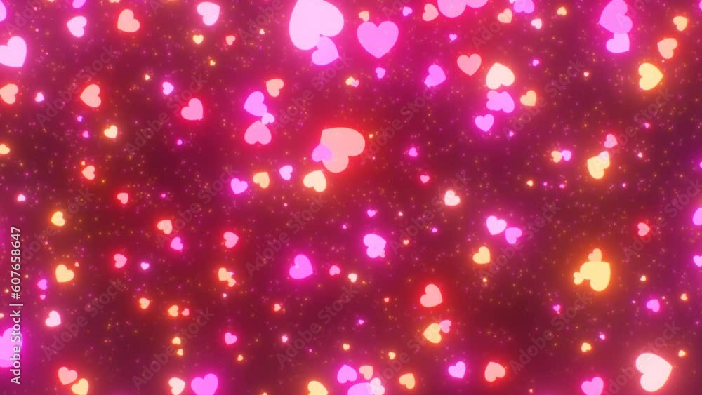 Neon Glowing Pink And Orange Hearts Falling Down From The Night Sky