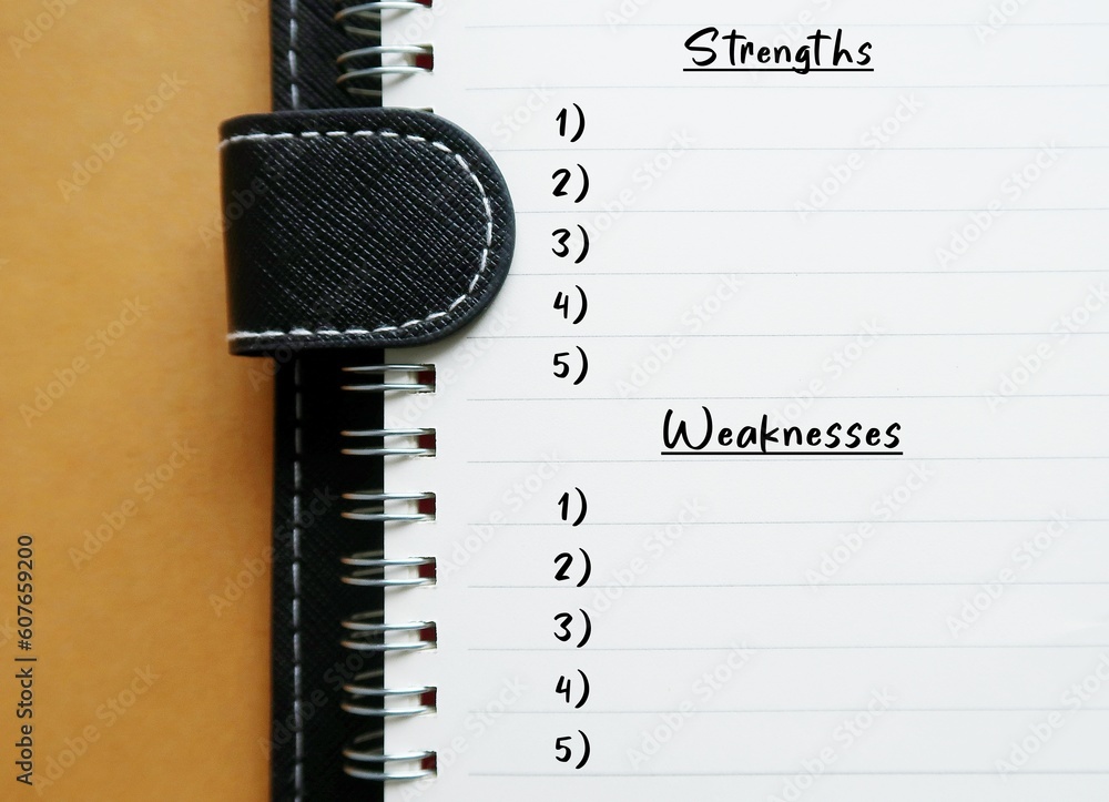 Notebook with handwritten text STRENGTH WEAKNESSES , concept of self reflection list making, identify positive traits or skills compare to negative traits or blind spots Notebook with handwritten text STRENGTH WEAKNESSES , concept of self reflection list making, identify positive traits or skills compare to negative traits or blind spots