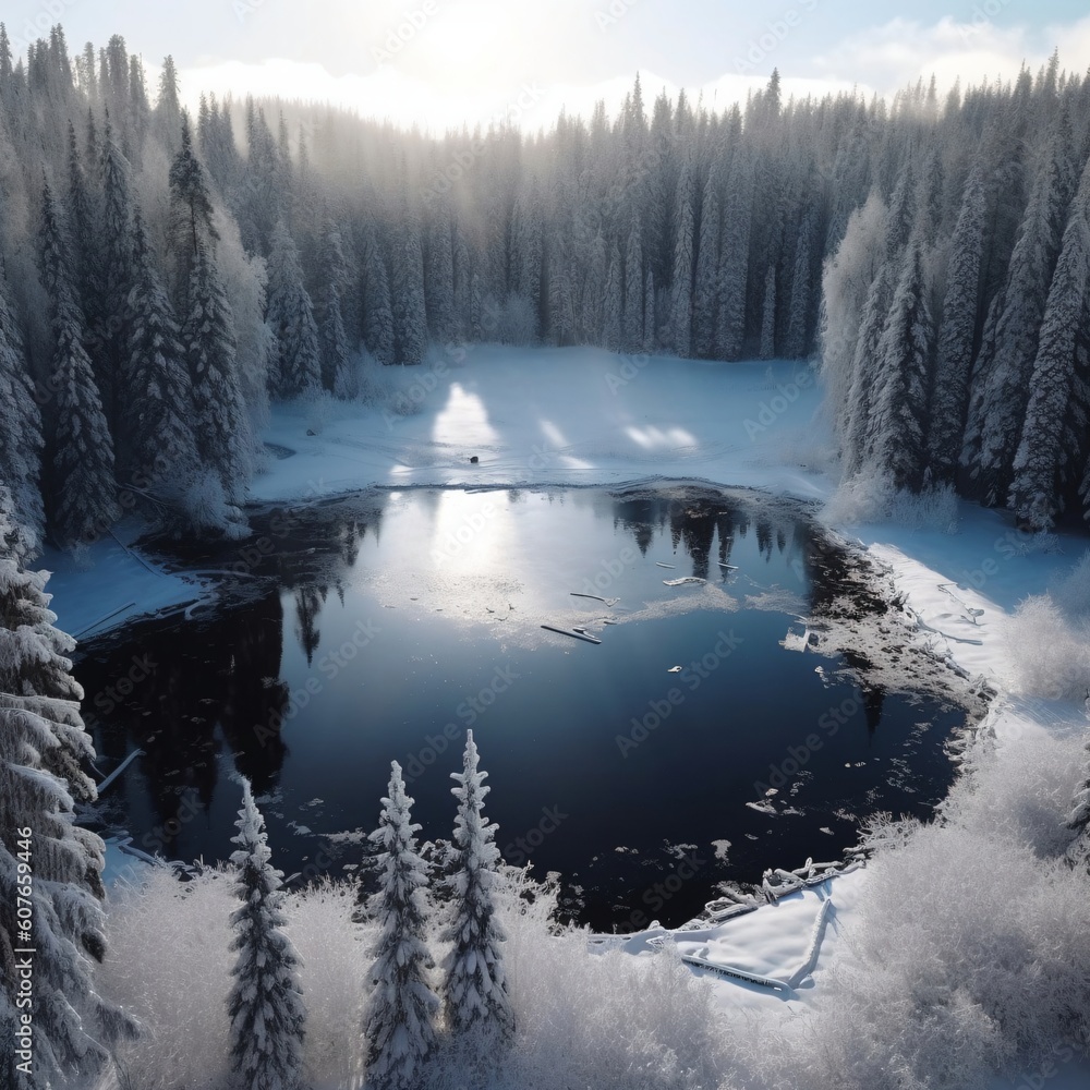 small pond in a snowy coniferous forest created with Generative AI technology