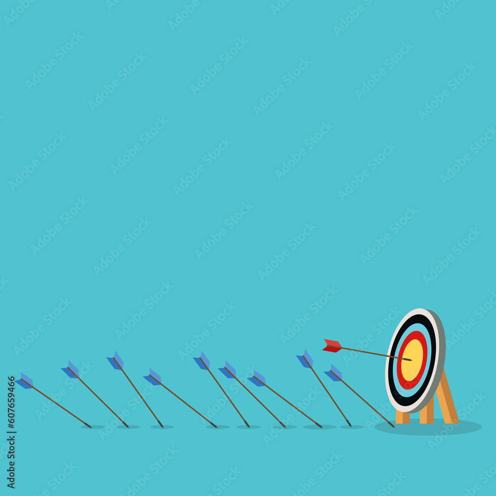 Business challenge failure and success concept. Blue arrows missed hitting target and only red one hits the center. Business challenge failure and success concept. Blue arrows missed hitting target and only red one hits the center.