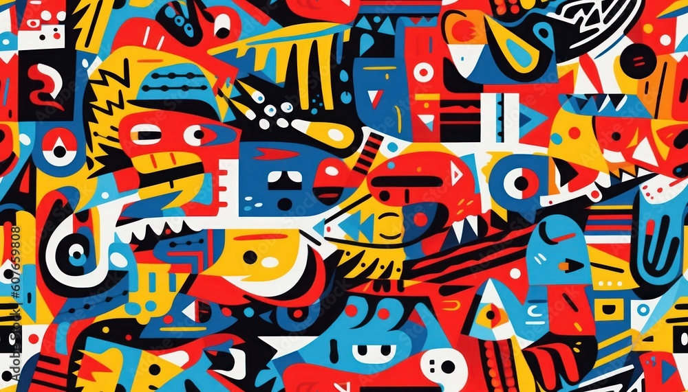 Naklejka premium Doodle Art Seamless Pattern, Fashion Textile, Sport clothes, Street Art Graffiti Style Background. Generative Ai