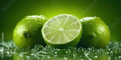 Fresh Slice Lime with Water Drop on Green Background. Generative Ai
