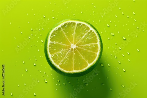 Fresh Slice Lime with Water Drop on Green Background. Generative Ai