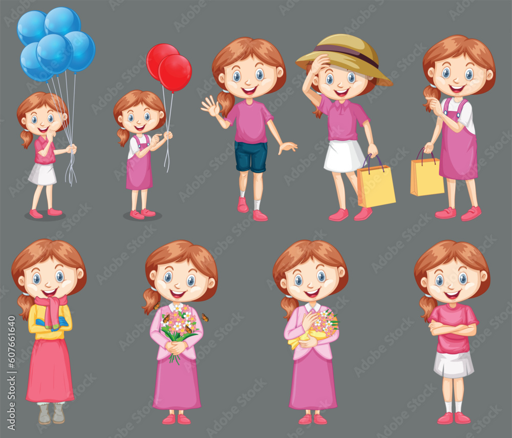 Set of happy girl in pink doing different activities by the greatest graphics Set of happy girl in pink doing different activities by the greatest graphics
