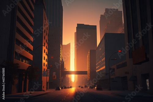 A city street with a sunset in the background  Generative AI