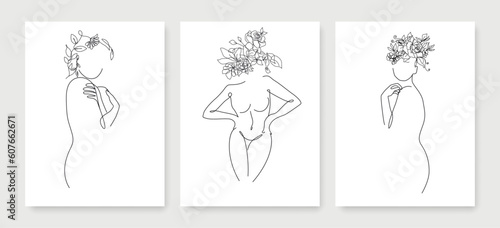 Nude Woman Body with Flowers Line Art Drawing Set. Minimalist Fashion Nude Woman for Wall Art Decor. Naked Female Figure Black Sketch Line Drawing on White Background. Vector EPS 10